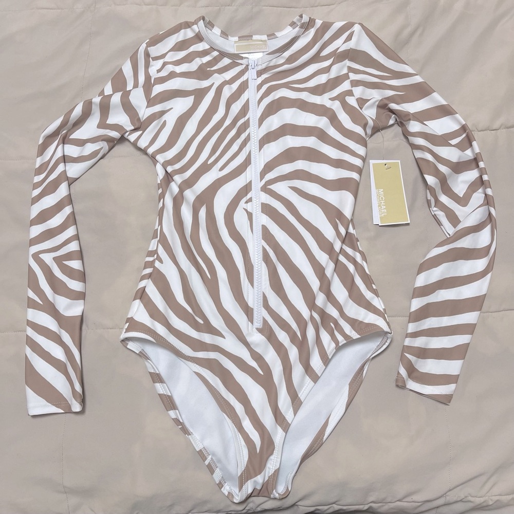Michael Kors Long Sleeve Khaki Zebra Print Zip Up One Piece Swimsuit